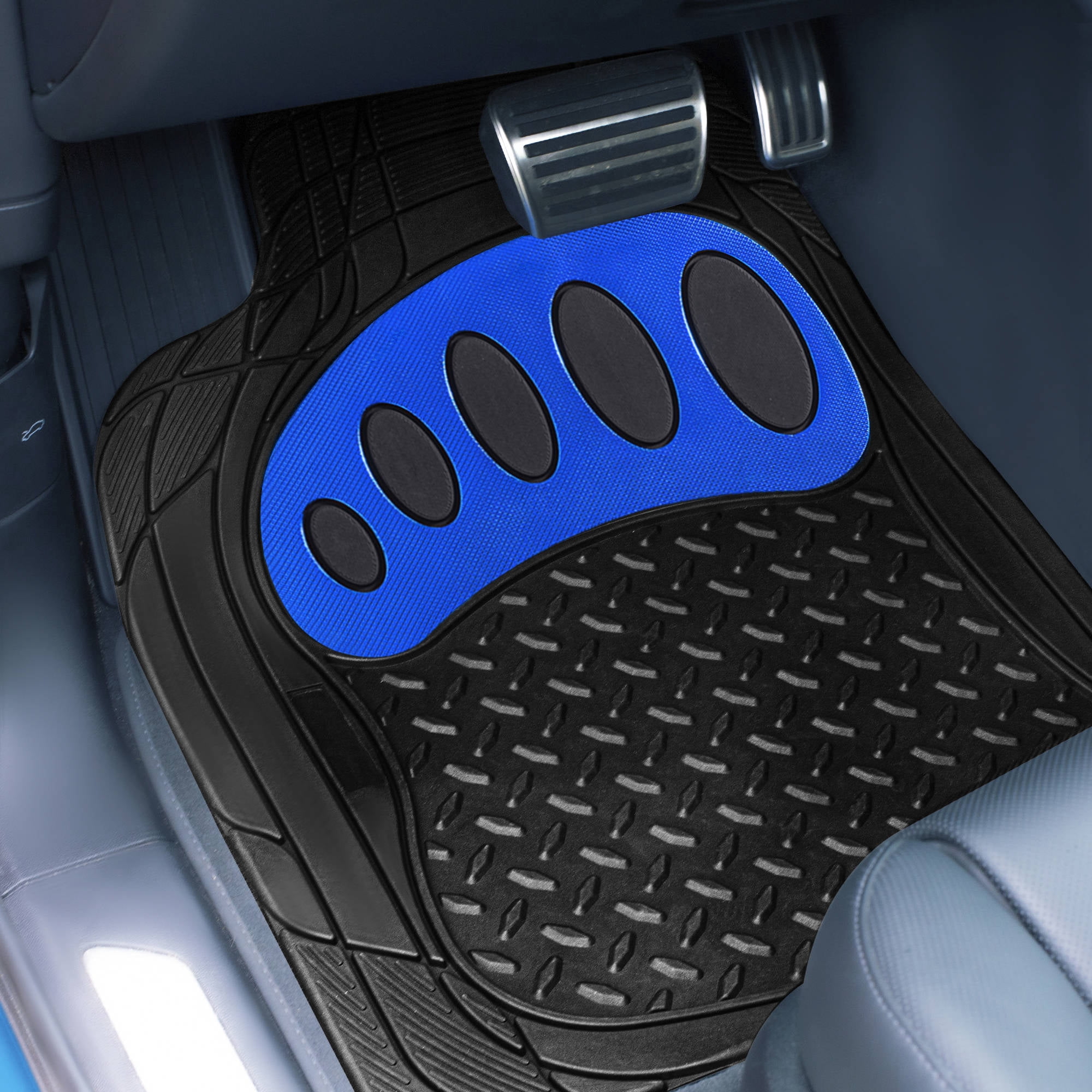 FH Group Trimmable ClimaProof Rubber Floor Mats With Footprint Design Blue/Black – Full Set