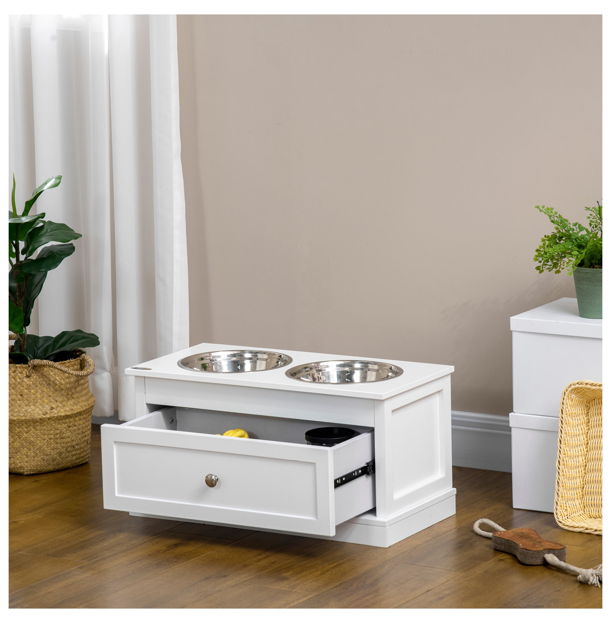 Raised Dog Bowls with Storage, Large Elevated Dog Feeder Stand, 11L Capacity, Stainless Steel Bowls, White Pet Feeding Station