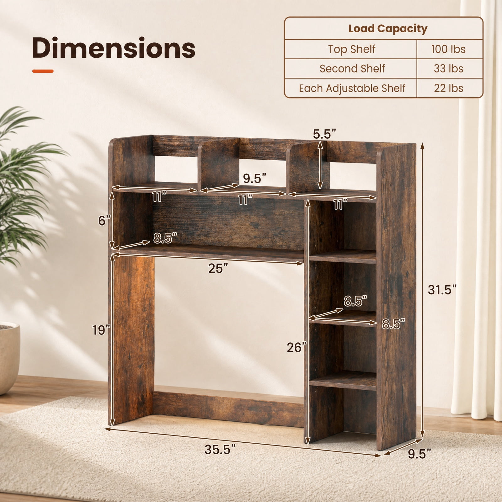 Furnibear Desktop Bookshelf with LED Lights 35.5 Inch Desk Hutch Storage Organizer with Adjustable Shelves and Remote, Rustic Brown