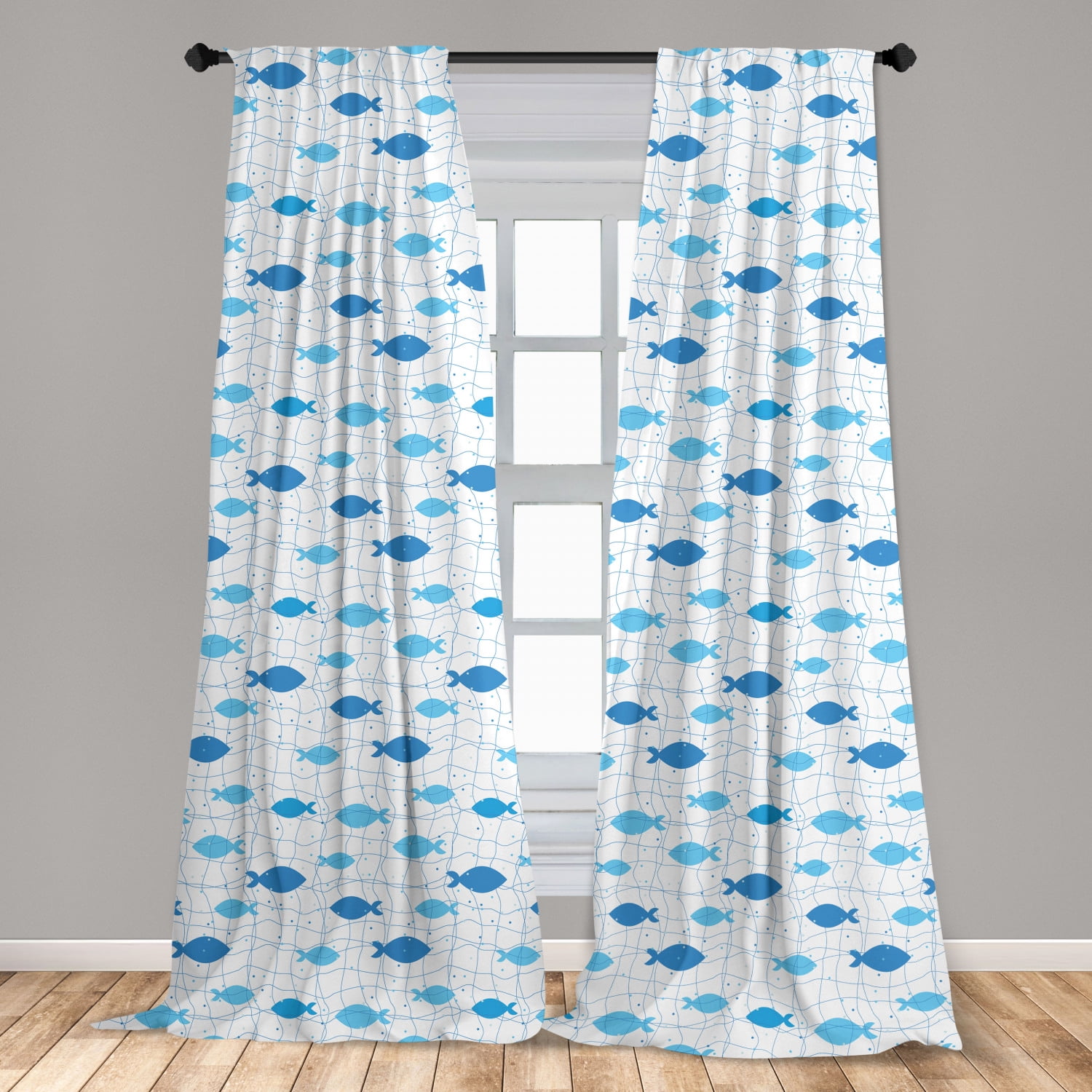 Fish Curtains 2 Panels Set, Fish Net with Polka Dots Abstract Animal Silhouettes Nature Inspired Image, Window Drapes for Living Room Bedroom, 56 Fish Curtains 2 Panels Set, Fish Net with Polka Dots Abstract Animal Silhouettes Nature Inspired Image, Window Drapes for Living Room Bedroom, 56