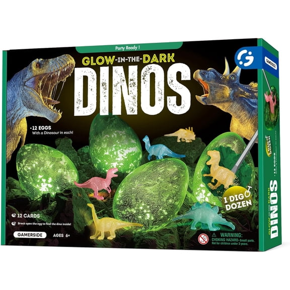 12 Pack Glow in The Dark Dino Eggs Dig Kit for Kids - Dinosaur Excavation STEM Toy with 12 Unique Dinosaurs & Learning Cards, Paleontology Kit for Ages 4-12, Perfect Birthday Party Favors & Easter