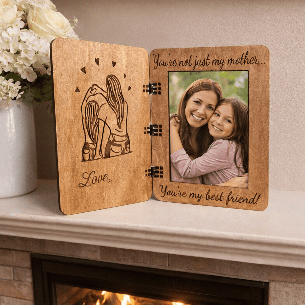 Mother’s Day Wooden Greeting Card Picture Frame – Hinged Wood Photo Card Holds 4x6 Photo – Keepsake Gift for Mom Best Friend Theme