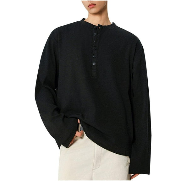 Men's Long Sleeve Henley Solid Color Button Down T-Shirt Casual Soft Lightweight Pullover