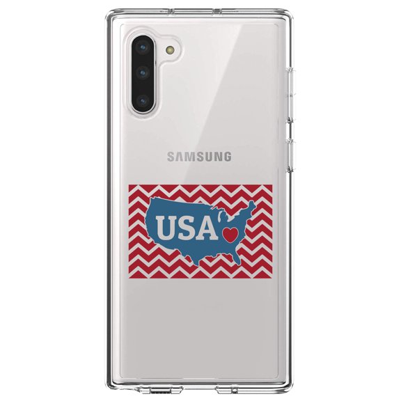 DistinctInk Clear Shockproof Hybrid Case for Samsung Galaxy Note 10 (6.3" Screen) - TPU Bumper Acrylic Back Tempered Glass Screen Protector - USA Map Heart Chevron Flag