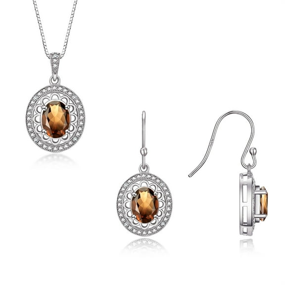 RYLOS Matching Jewelry Set 14K White Gold Princess Diana Inspired Earrings & Necklace. Gemstone & Diamonds, 8X6MM Smoky Quartz June Birthstone