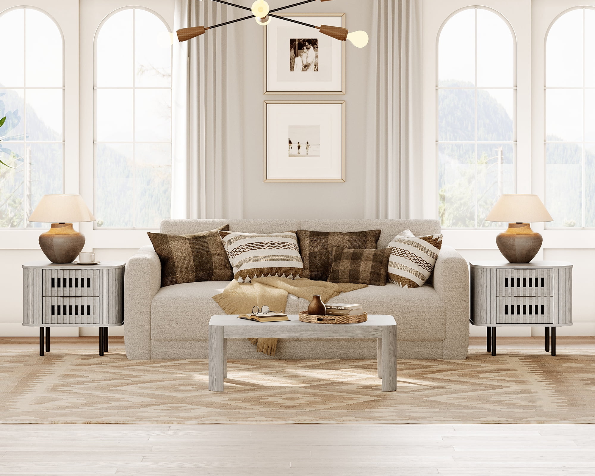 Wampat Modern Fluted Nightstand Set of 2, Wooden End Table with 2 Drawers, 20.4H" Bedside table for Living Room, Bedroom, White Washed