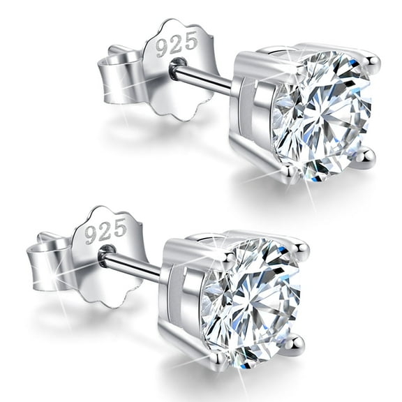 18K White Gold Plated Sterling Silver Cubic Zirconia Stud Earrings 6mm, Simulated Diamond CZ Studs Hypoallergenic Jewelry