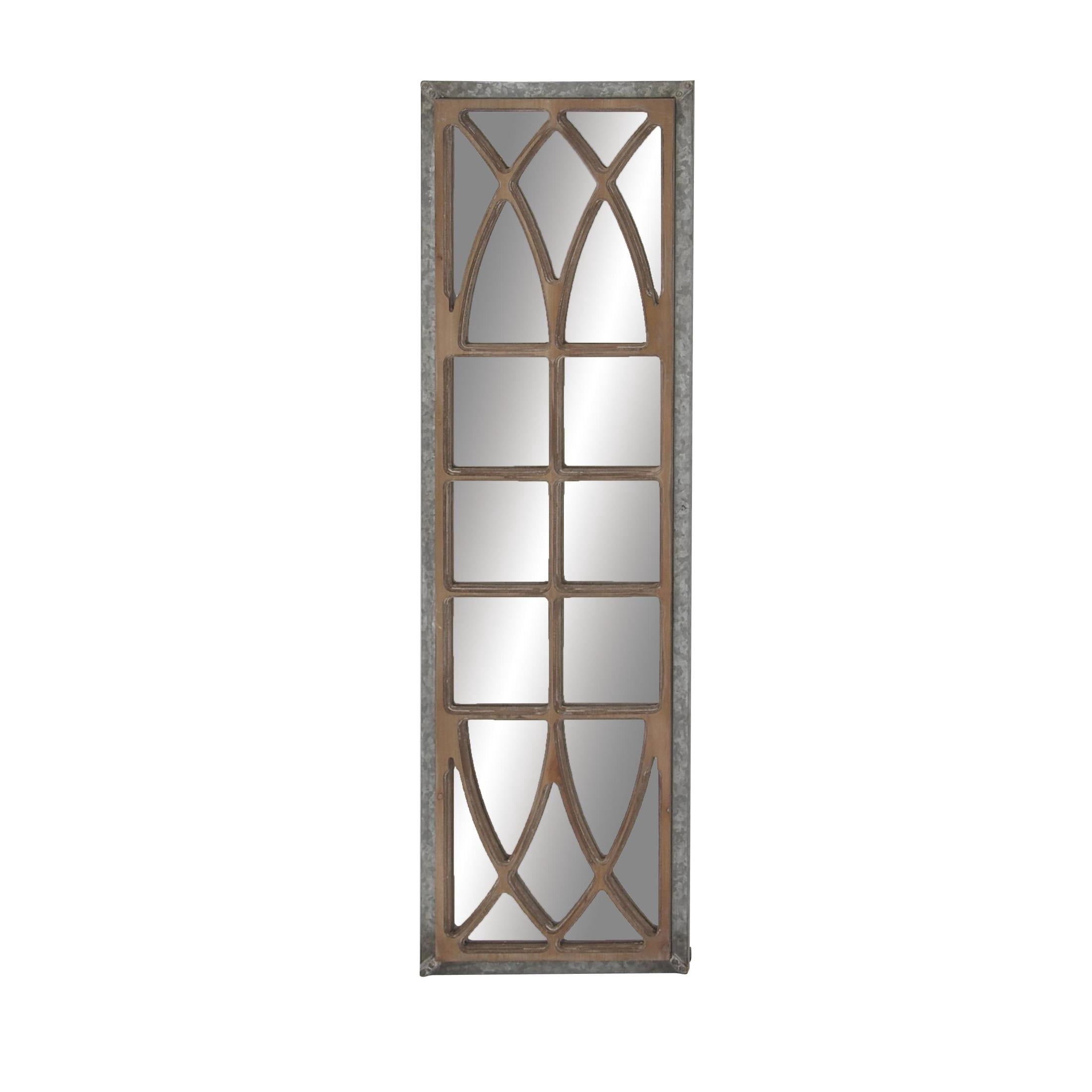 DecMode 15" x 52" Brown Window Pane Inspired Panel Geometric Wall Mirror with Galvanized Metal Frame