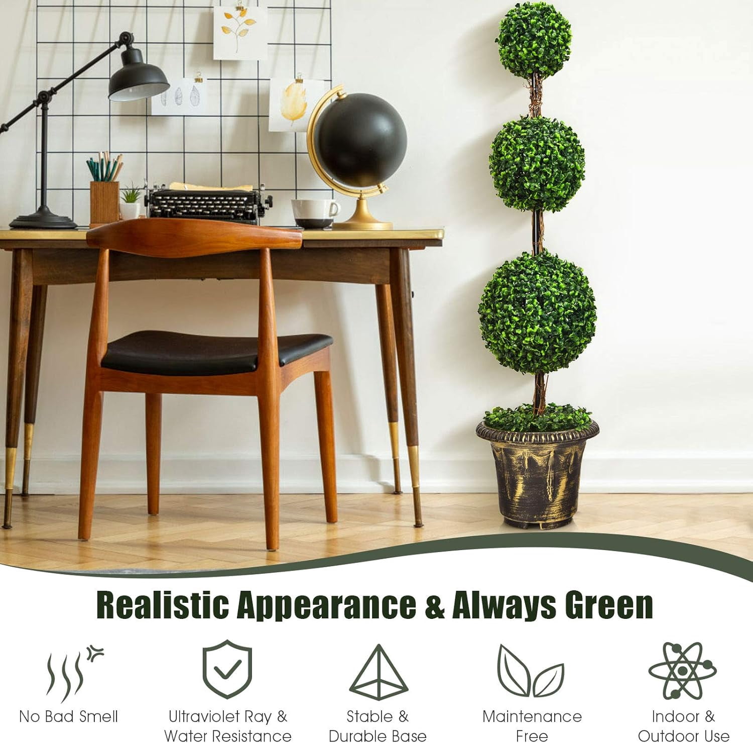 4ft Topiary Trees Artificial Outdoor, Triple Ball Boxwood Topiary w/Cement-Filled Retro Pot, Fake Plants Shrub Bushes for Home, Office, Porch, Front Door, Entrance, Backyard