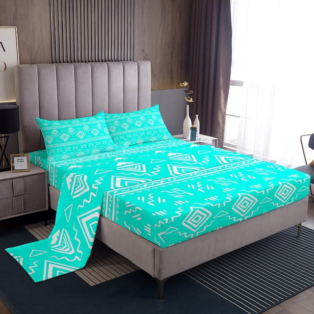 Erosebridal Bohemian Aztec Bed Sheets Queen, Tribal Geometric Pattern Bedding Queen Size, Cyan Blue 4 Pieces