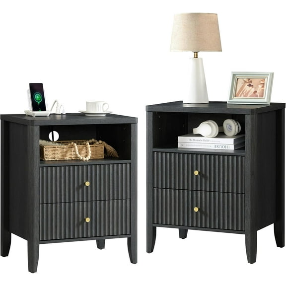 Fluted Nightstand with Charging Station Set of 2, 21" Wide Modern Bedside Table with 2 Drawers & Open Shelf, Wood End Table with Storage & Metal Handle for Bedroom, Small Spaces, Black