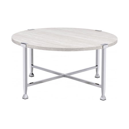 36" Chrome And White Oak Round Coffee Table