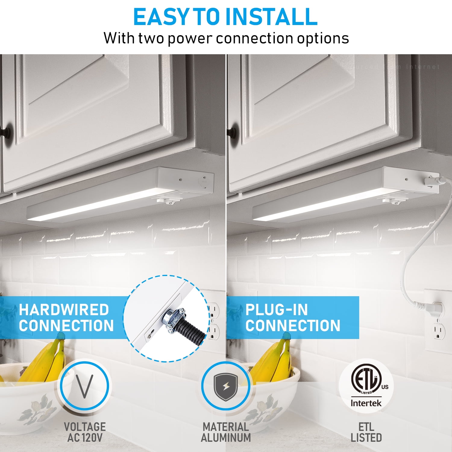 4 Pack LED Under Cabinet Light, 22 Inch, Dimmable, Linkable, 3 Color Selectable, Hardwired or Plug-in, White Finish