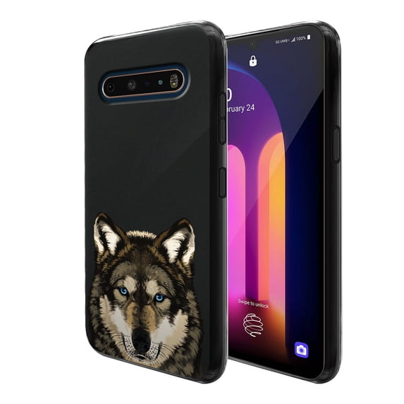 FINCIBO Soft TPU Black Case Slim Cover for LG V60 ThinQ 6.8", Animal Gray Wolf