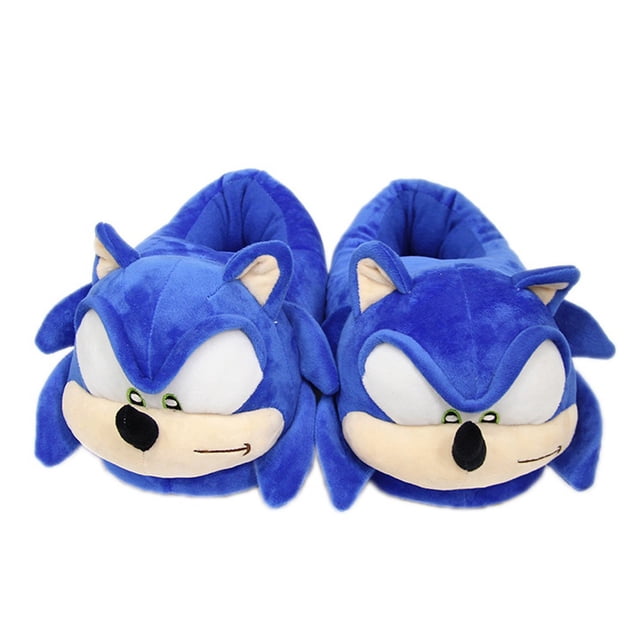 zapatillas de estar por casa con dibujos animados de Anime Kawaii Sonic, par de pantuflas de peluche azul talla adulto con forma frontal de cabeza de Sonic, ojos verdes bordados, nariz negra de felpa, orejas y púas visibles, interior acolchado para invierno, unisex y aptas como regalo sorpresa para niños.