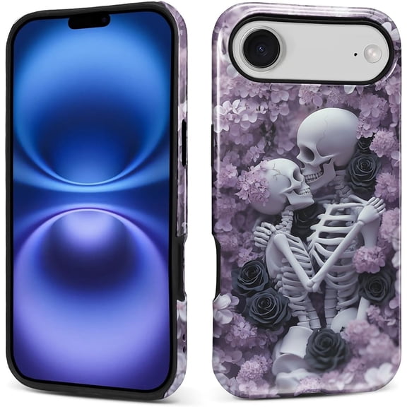 Case for iPhone 17 Air, PC Hard Shell & Silicone Inner Bumper, Anti-Scratch Full-Body Cover Shockproof Slim Design Pink and Black Floral Skeletons