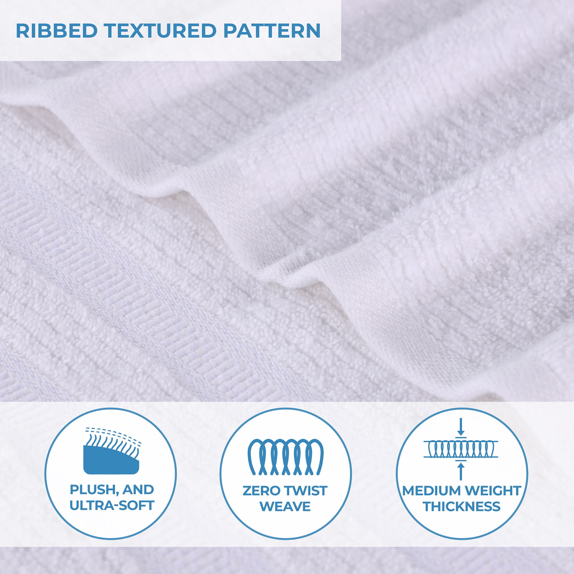 Superior Zero Twist Cotton Ribbed Geometric 6-Piece Towel Set, Ultra Soft Quick Dry, White
