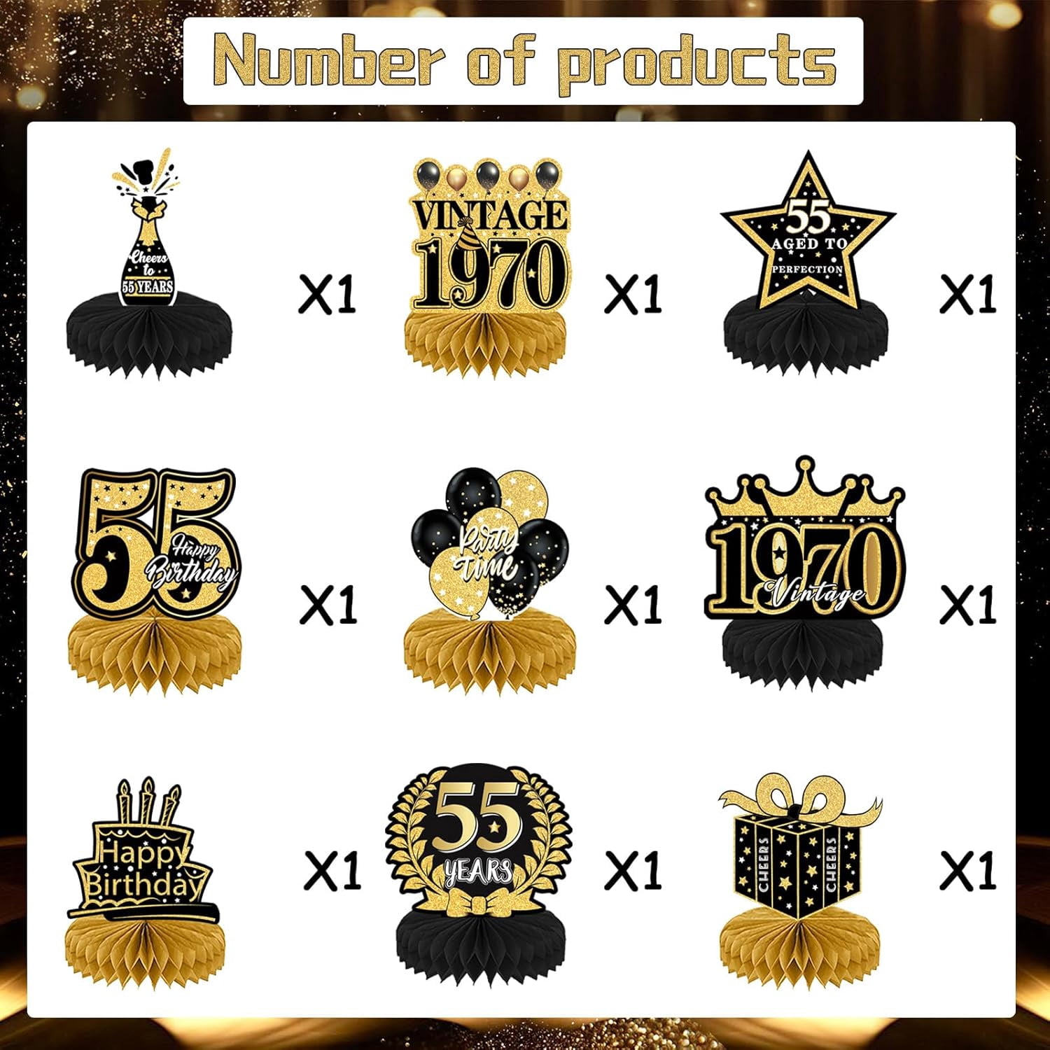 55th Birthday Honeycomb Centerpieces – 9-Pack Table Topper Decorations, Black & Gold Theme - View #8