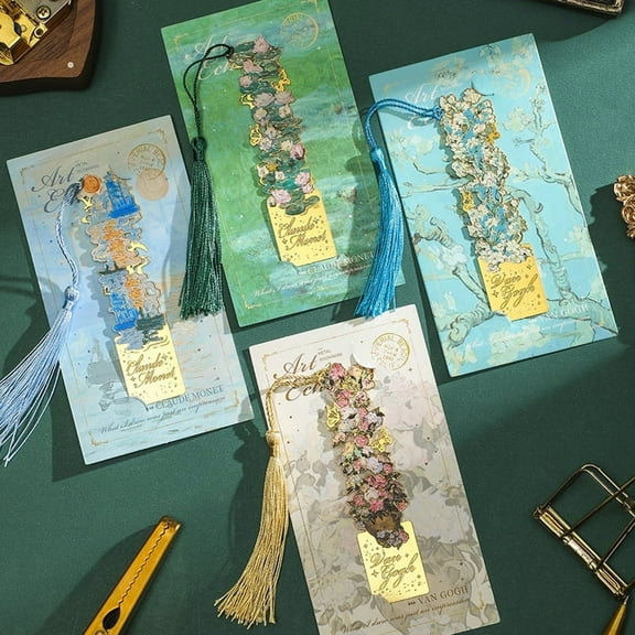 4Pieces Metal Bookmarks with Tassel, Golden Hollow Bookmark Monet Oil Painting Theme Book Mark Bookmarks for Book Lovers Writers Readers Children Teens for Women Adults Teen