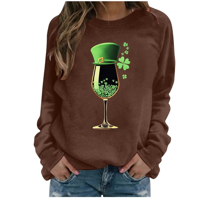 Mceream Chandail en Molleton Femme St Patricks Day Mode Décontractée Trèfle Irlandais Imprimé Graphique Mignon Manches Longues Chandail Grande Taille Tenue de Vacances & Cadeau Marron m