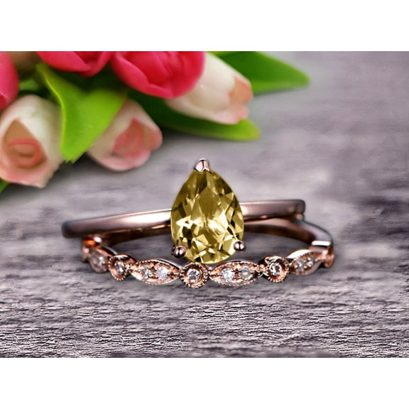 Champagne Diamond Moissanite Engagement Ring Set Handmade Solid 10k Rose Gold 1.50 Carat 8x5mm Pear Shape Gemstone Promise Ring Bridal Ring set Wow Sparkling