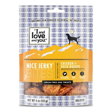 UPC: 0818336012068 | I and love and you  Nice Jerky Bites Dog Treats  Grain-Free Chicken + Duck  4 Oz