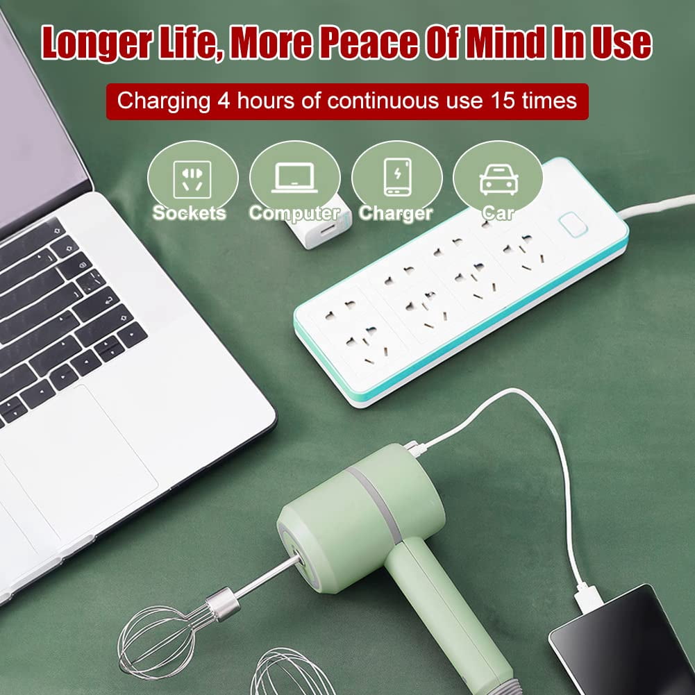 Cordless Electric Hand Mixer and Food Chopper 2-in-1 Portable Whisk with 300ml Glass Bowl, Green, 1-Piece