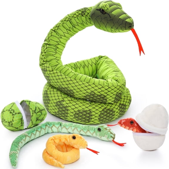 MorisMos 79" Giant Realistic Snake Stuffed Animal Mommy Snake with 3 Baby and 2 Egg Plush Toys