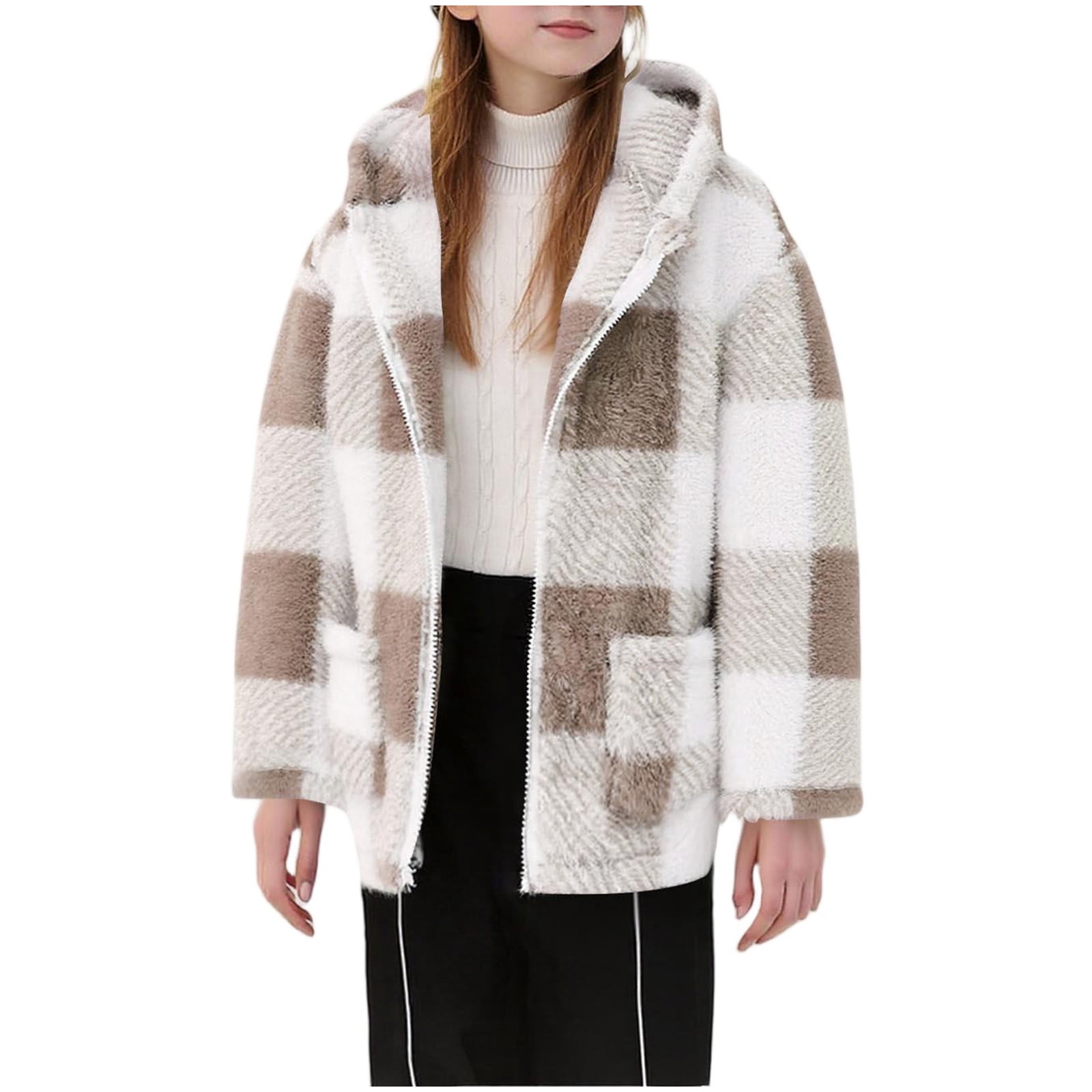 Xdegoge Girls Fleece Sherpa Jacket Plaid Fuzzy Zip Up Long Sleeve Hoodie Teen Thermal Loose Cozy Hooded Coats Tween 2025 Winter Thick Warm Outerwear With Pockets Age 8-14 Years