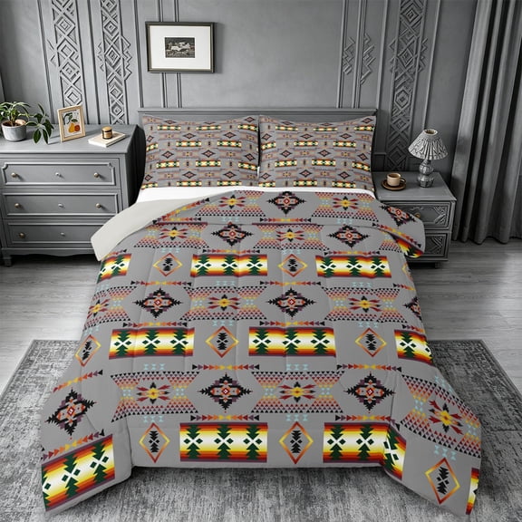 jejeloiu Calm Tribal Full Size Comforter Sets,Serene Print Bedding Comforter Set For Boys,Gray Multicolor,Light Gray Reversible,3pcs,1 Comforter and 2 Pillowcases