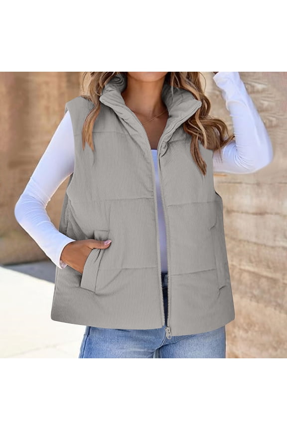 Women's Lightweight Warm Sleeveless Vest - M Gray, Nylon Spandex, Stand-Up Collar, Zipper Pockets