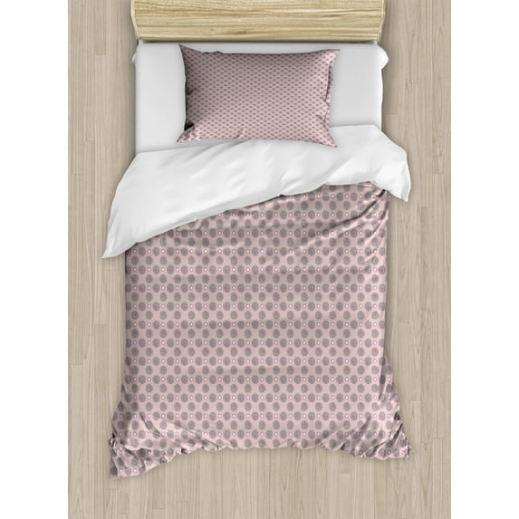 Muted Colors Duvet Cover Set Twin Size, Doodle Style Flowers in Rose Tones Done by Hand, Decorative 2 Piece Bedding Set with 1 Pillow Sham, Pale Rose Laurel Green Pale Fuchsia White, by Ambesonne