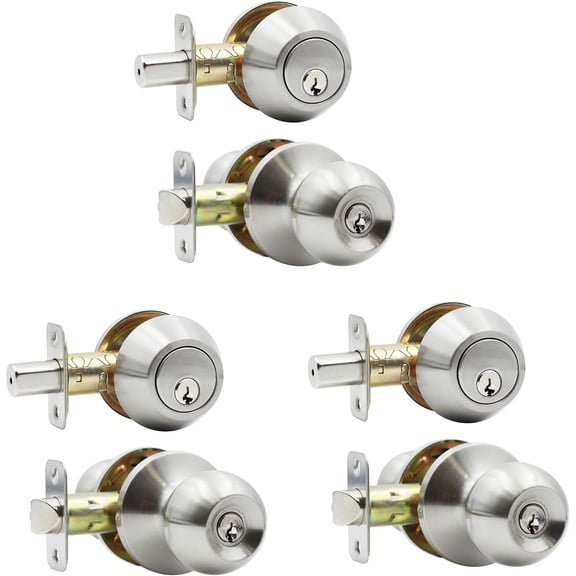 Entry Door Knob and Single Cylinder Deadbolt Combo, Keyed Alike Combination Sets Door Locksets, Satin Nickel Front Door Knobs and Deadbolt Set (3 Pack)