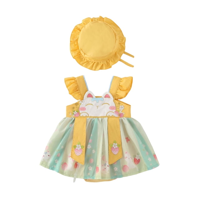 Gibobby Mamelucos para bebe niño de bebé recién nacido con manga de mosca con estampado de bordado de animados lindo de verano con gorro de bebé(Amarillo, 12-18 Meses)