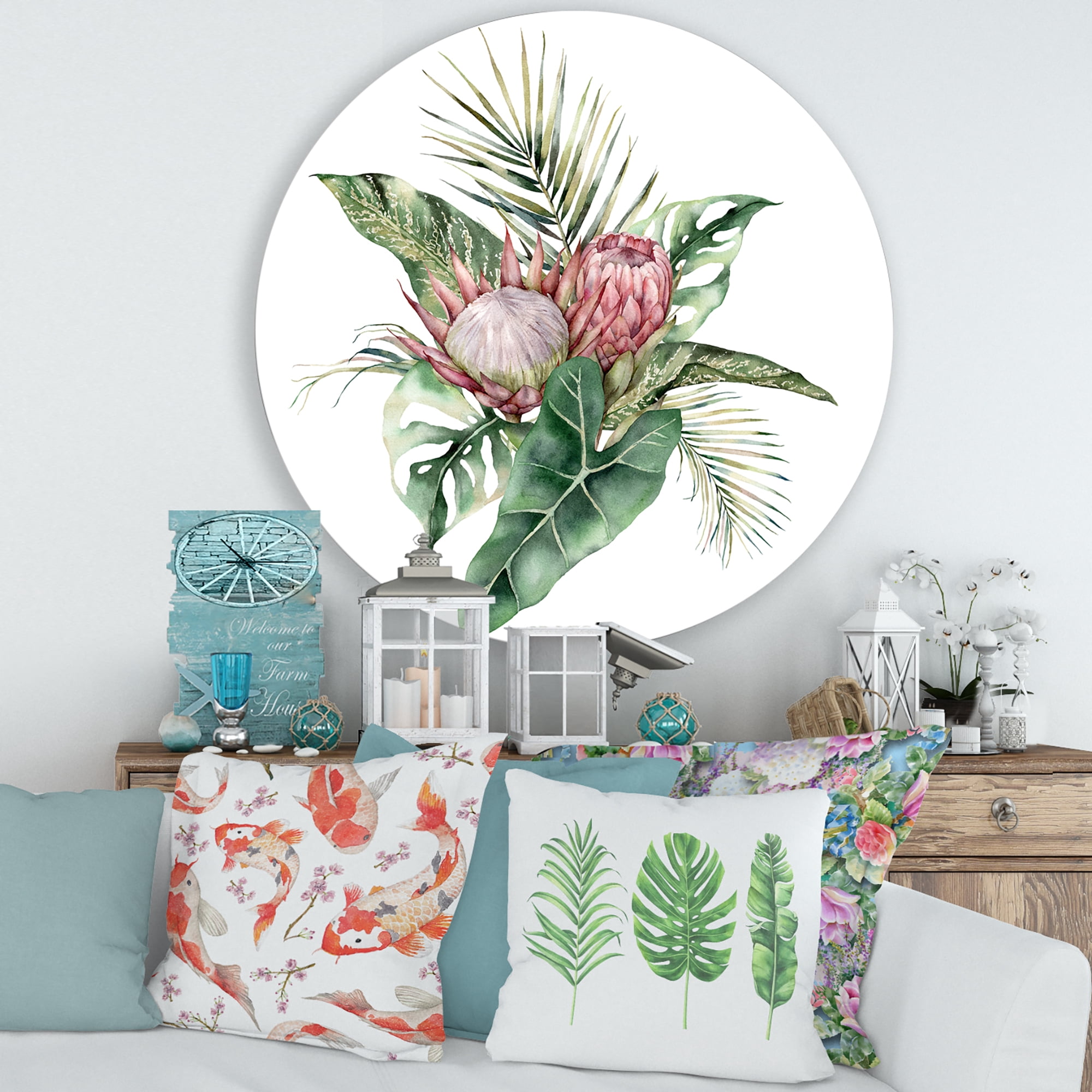 Designart 'Queen Proteas Palm & Monstera Leaves' Traditional Circle Metal Wall Art 29x29 - Disc of 29