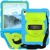 Dteck for iPad 10th Generation Case 2022 10.9 Inch with Soft TPU Screen Protector, Heavy Duty Rugged Protective Kids 10th Gen iPad Cover with Rotating Stand Hand/Shoulder Strap,Blue Green