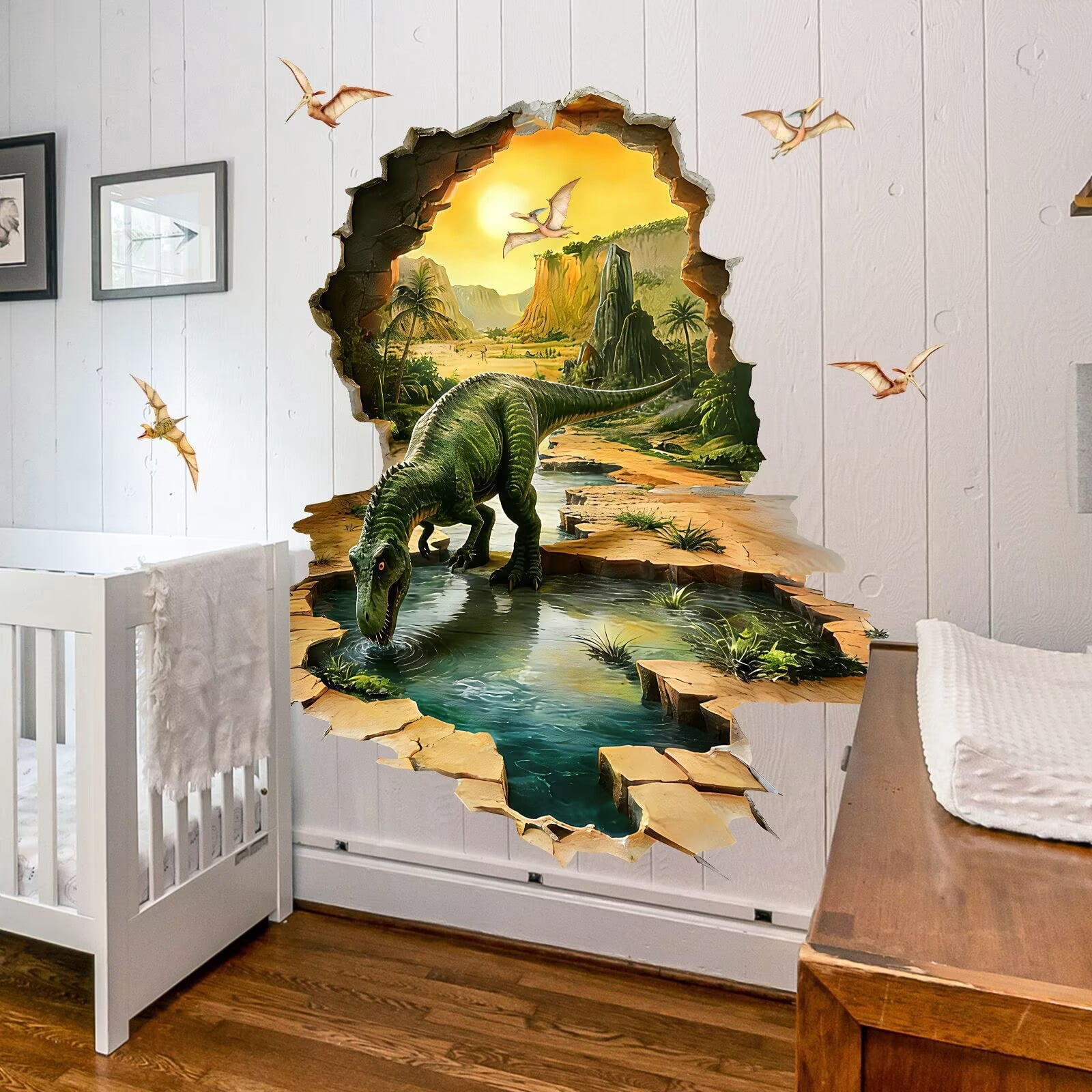 3D Large Dinosaur Wall Stickers Dinosaur Crack Hole Dinosaur Animal Peel and Stick Wall Art Decals for Boys Room Baby Nursery Kids Bedroom