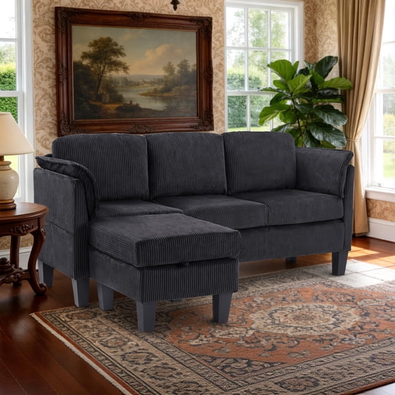 Bonzy Home 70 Inch L-Shaped Modular Sectional Sofa, 3-Seat Reversible Corduroy Couch with Storage & Movable Ottoman, Modern Convertible Living Room Sofa, Breathable Black Fabric