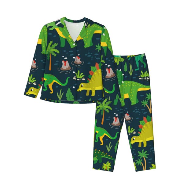 Balery Dinosaurs and Flowers Conjunto de Pijama con Estampado para Mujer, Conjunto de Dos Piezas con Manga Larga, Ropa de Dormir Suave con Bolsillos, Pijamas Cómodos-X-Large