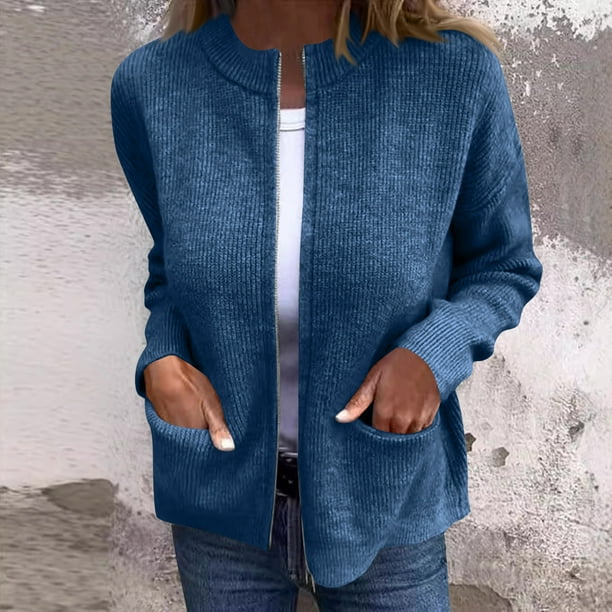 Chaqueta y abrigo informal de manga larga sin capucha para mujer, chaqueta de punto a rayas con botones de color liso y bolsillo con cremallera, cárdigan de manga larga, blusa para mujer