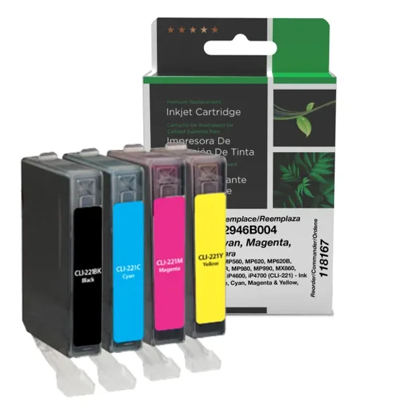 Remanufactured Clover Imaging Black, Cyan, Magenta, Yellow Ink Cartridges compatible with Canon CLI-221 (2946B004) 4-Pack