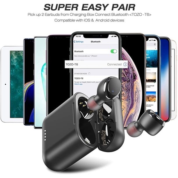 Auriculares inalámbricos TOZO T6 Bluetooth Control táctil con estuche de carga inalámbrica IPX8 estéreo TWS
