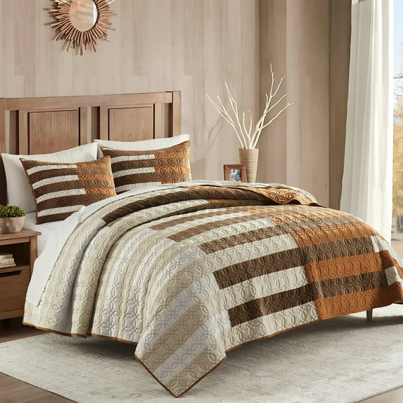 Wonderful Modern Farmhouse Piano Patchwork Velvet Quilt Set - 3pc All-Season Luxury Bedding