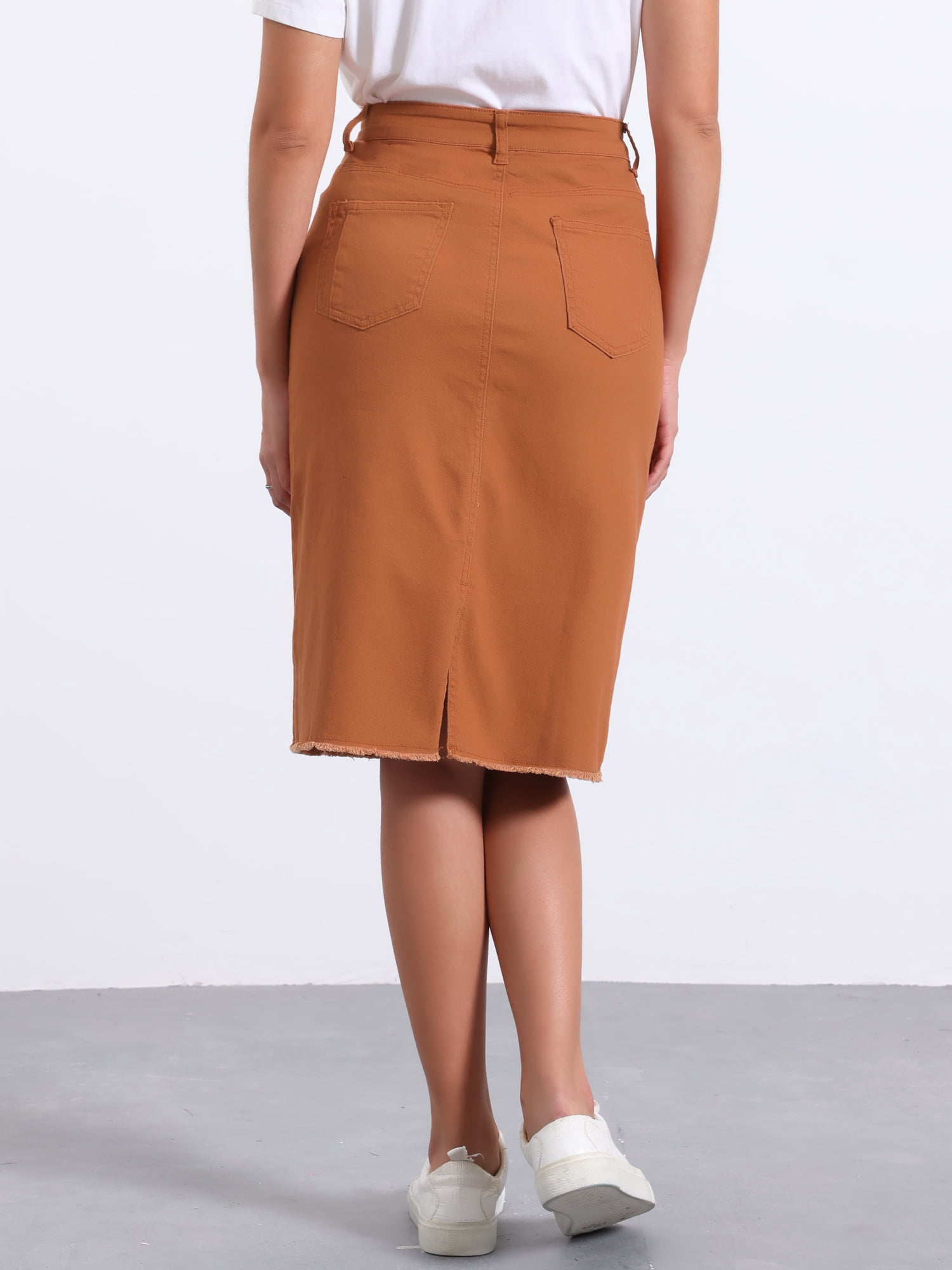 DARING DIVA Women's Jean Back Vent Midi Length Denim Skirts XS Reddish Brown