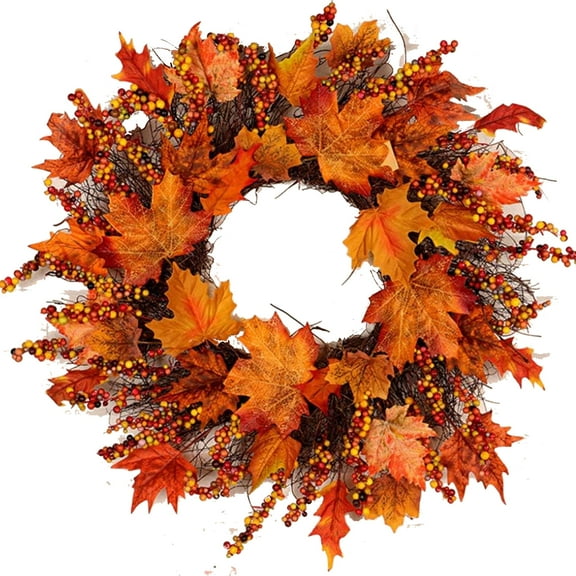 CLIQKWEN Autumn Wreath for Front Door - Artificial Maple Leaf & Berry Farmhouse Decor for Thanksgiving, Indoor Outdoor Wall Window Fall Decorations 18in/22in/24in