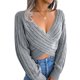 thumbnail image 1 of SuéTeres Para Mujer Jersey De Punto De Corte Bajo Con Cuello En V Cruzado De Color SóLido XBTCLXEBCO Gris;S, 1 of 6