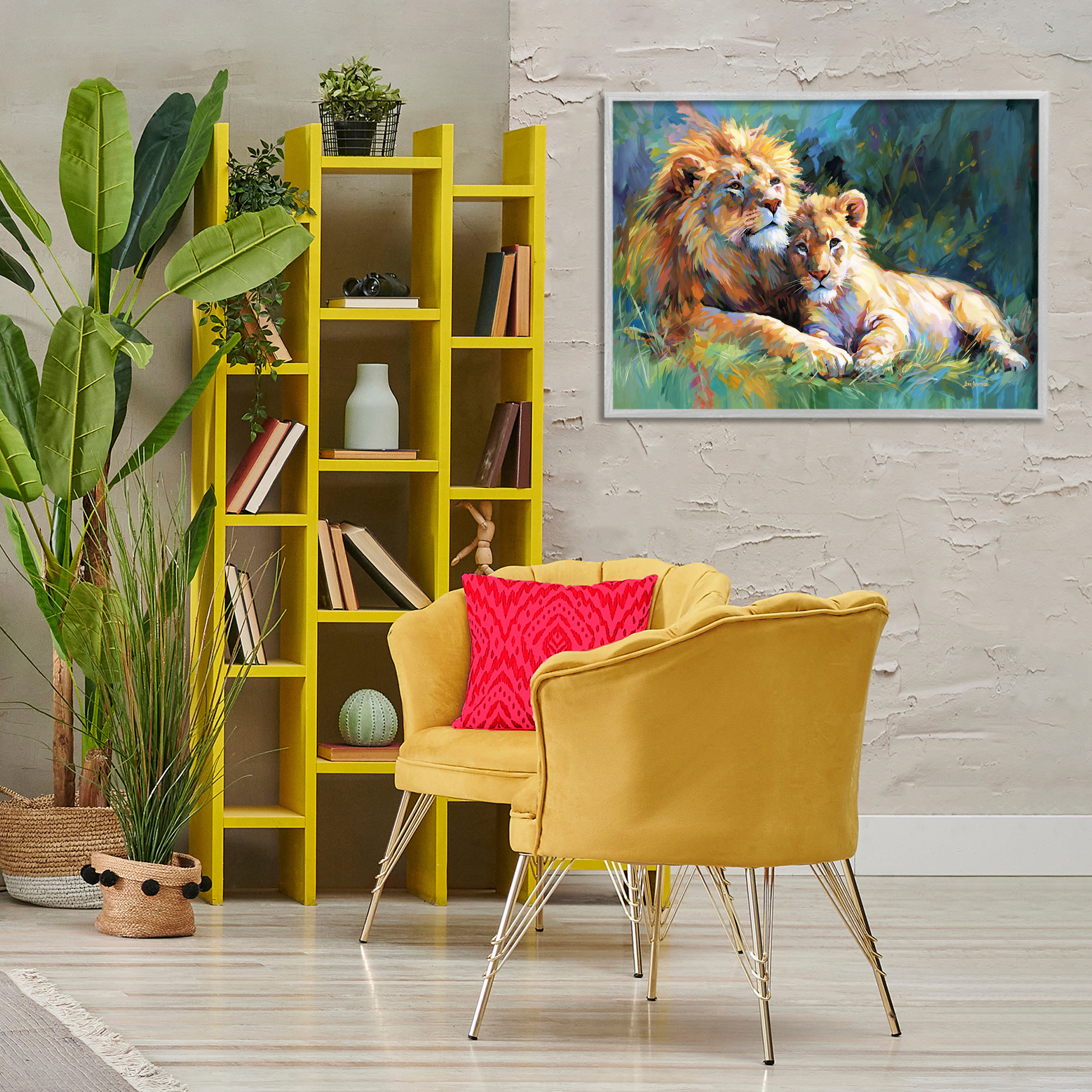 Stupell Industries Lion's Embrace Portrait Animals & Insects Painting Gray Framed Art Print Wall Art, 30 x 20