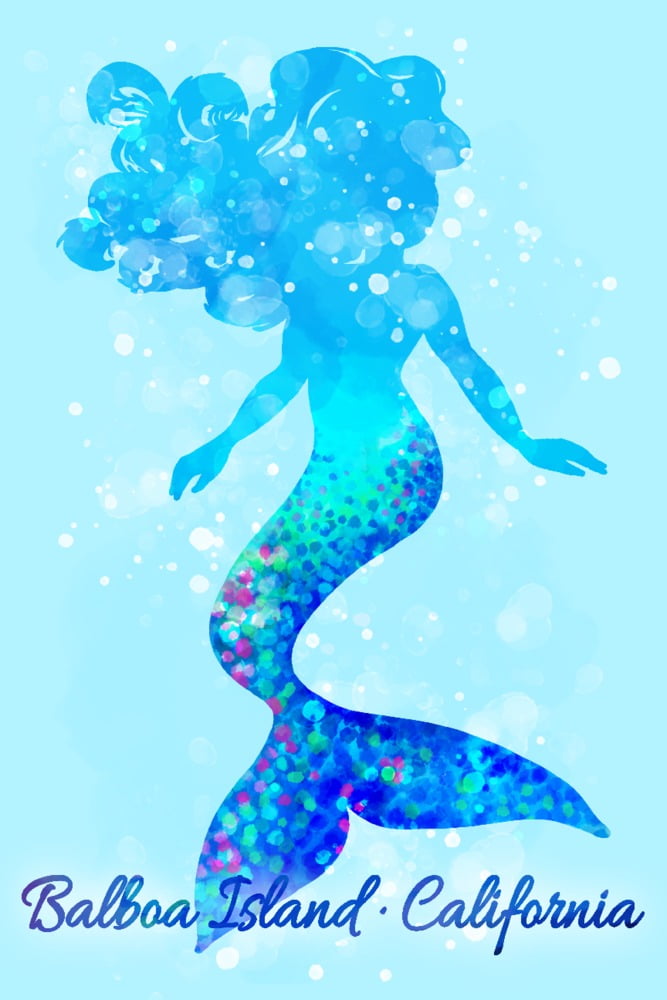 Balboa Island, California, Silhouette Mermaid, Light Blue Background ...