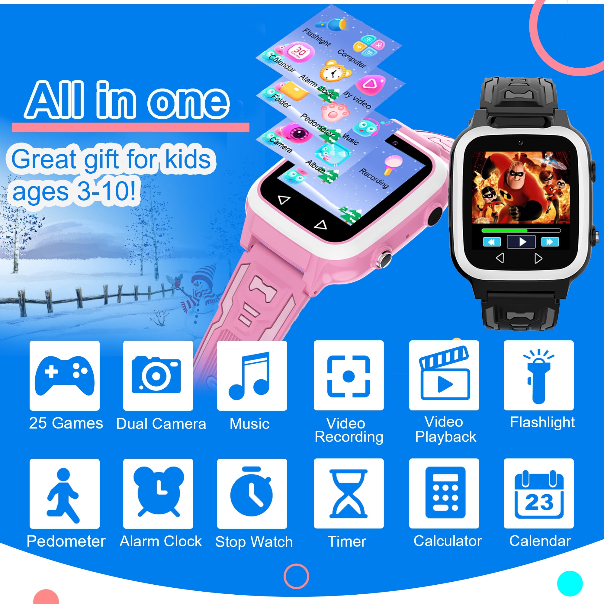 Smart Watch for Kids Boys Girls - Kids Toys for 3-10 Year Old, Toddler Watch with 25 Games Dual Camera Music Pedometer, Birthday Gifts for Boys 3 4 5 6 7 8 9 10 (Black)