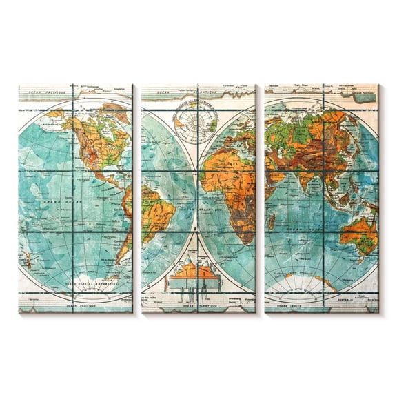 Elephant Stock Globe World Map Wall Art - Horizontal Multi Panel Canvas - Living Room Wall Decor - Education Multi Panel - Beige And Gray Decor - 23" x 14"
